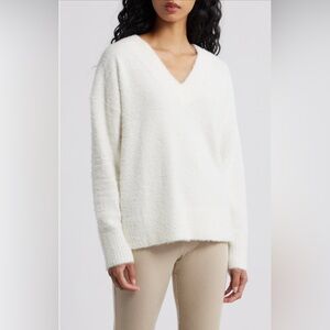 Fuzzy White V-Neck Sweater